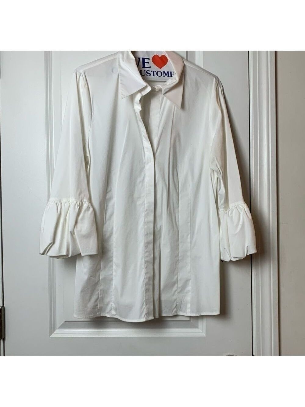 BCBG Maxazria White 3/4 Sleeve Button-Down with Ruffles Sleeves Size Large - Picture 2 of 9